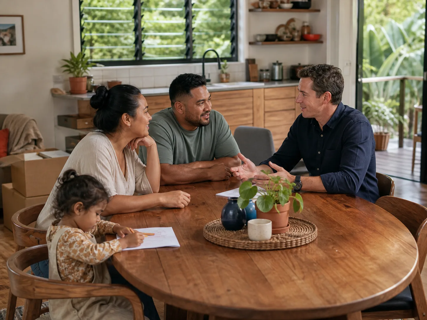 A lending expert speaking with a family at their kitchen table