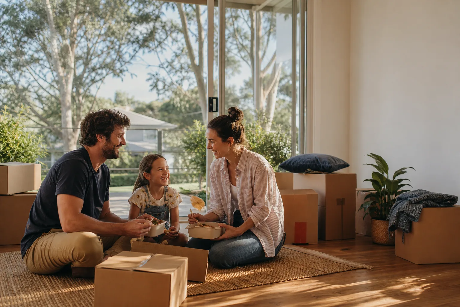 A family enjoying their first meal after moving into their new home