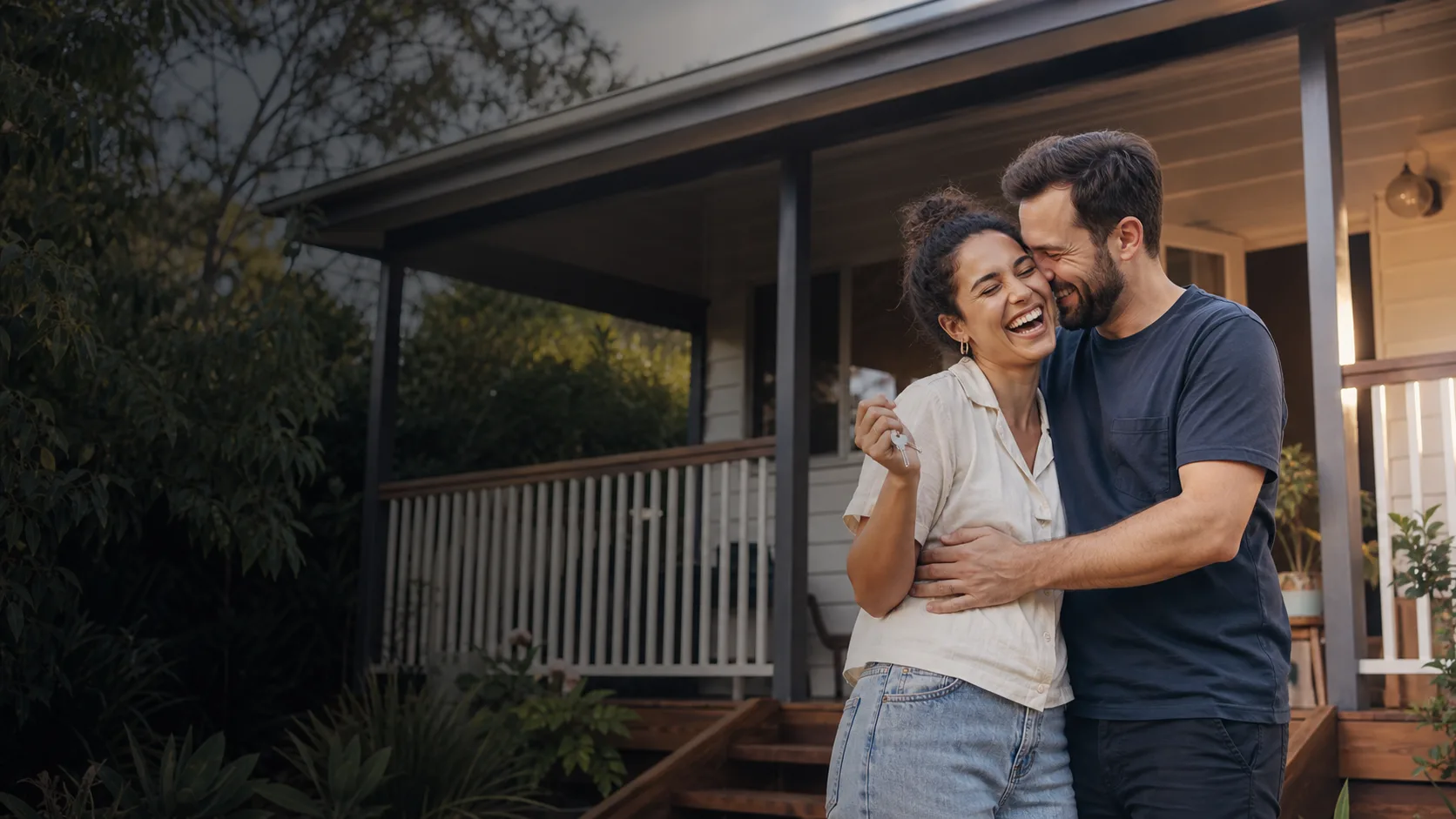 Happy Australian couple celebrating at their new home