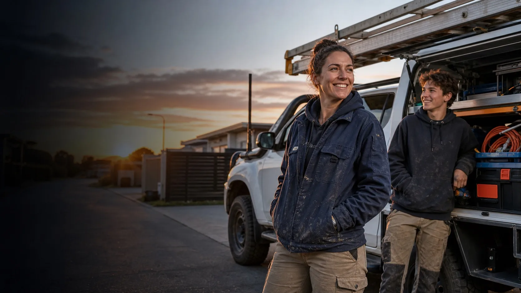 An Australian trades business owner beside her new work vehicle and equipment
