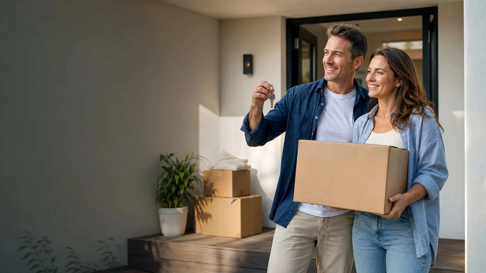 An Australian couple moving into their next home with boxes and new keys