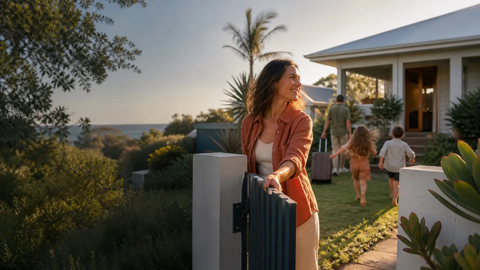 An Australian family returning home from overseas to their coastal home