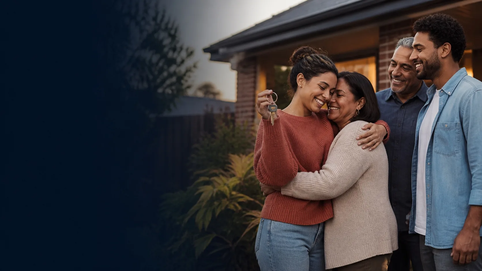 A young Australian homeowner celebrating with the family who supported her