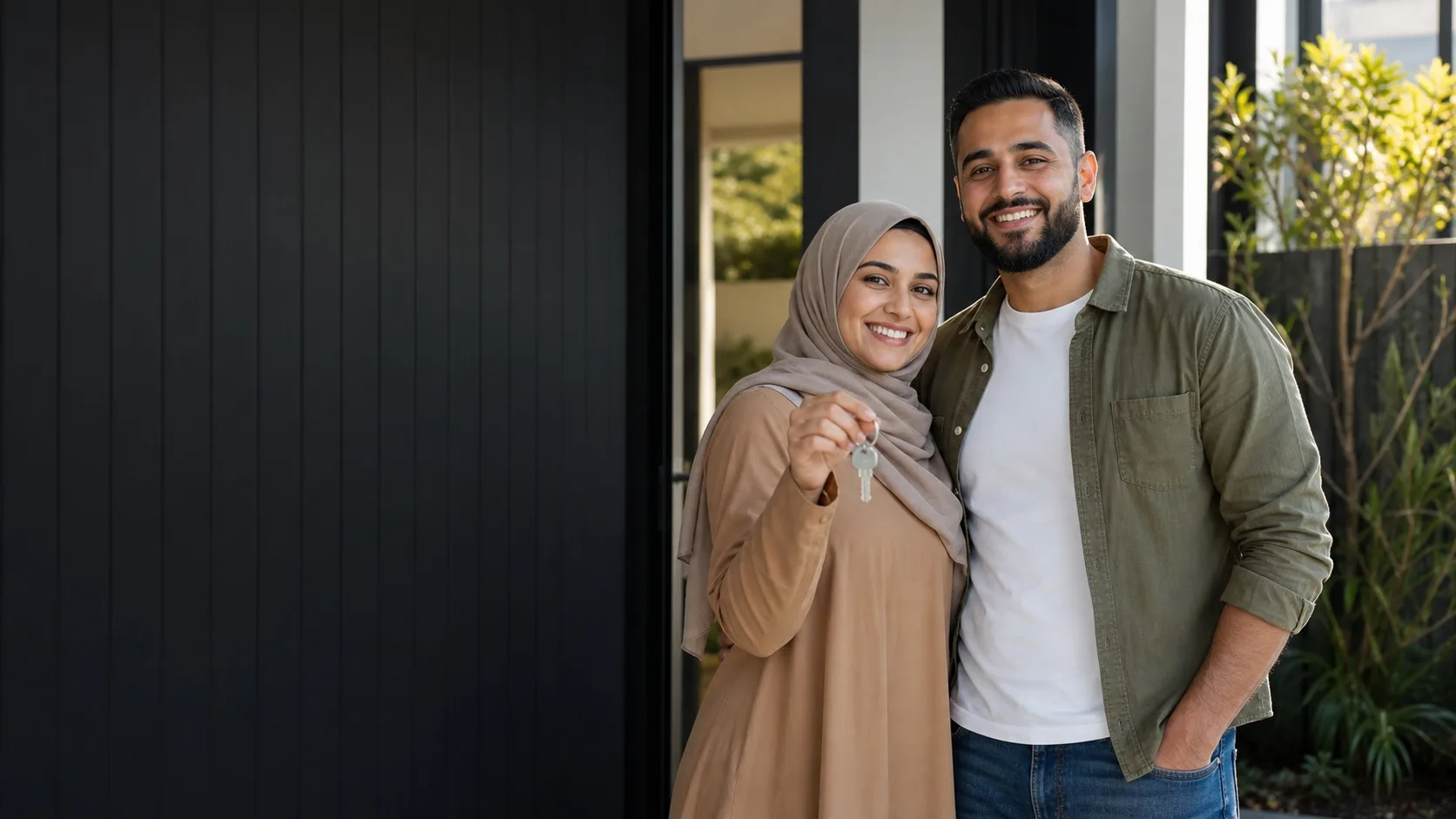 A Muslim Australian couple celebrating a new home together