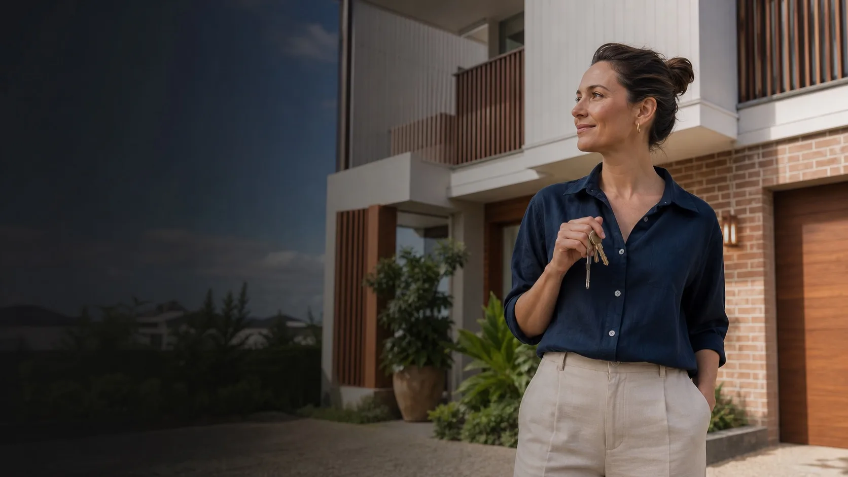 An Australian property investor proudly holding the keys outside her new townhouse