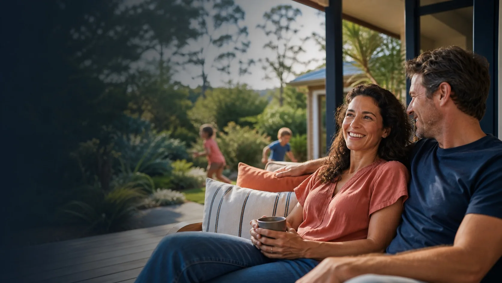 A relieved Australian couple relaxing at home while their children play in the garden