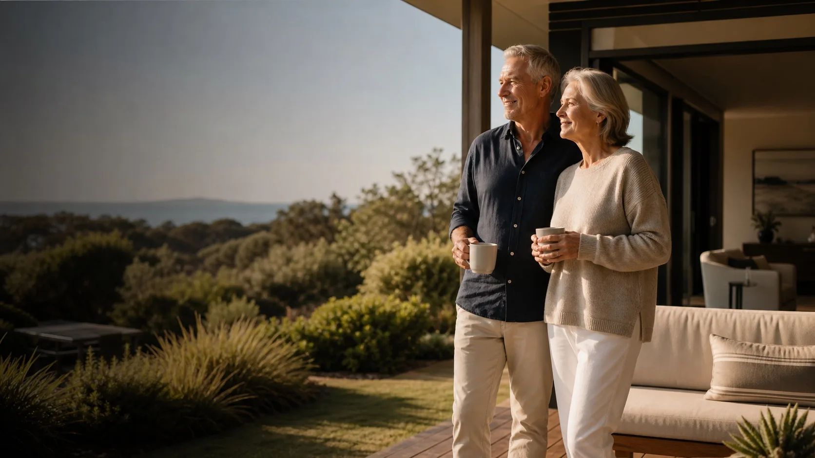 An older Australian couple enjoying an afternoon together at their coastal home